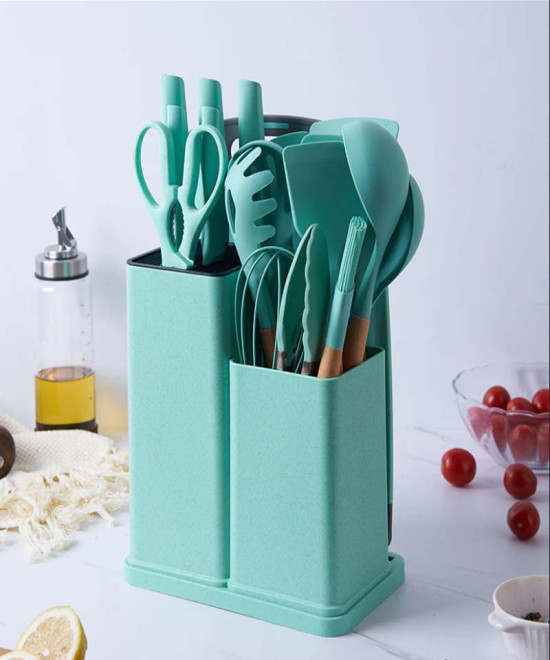 ENSEMBLE D'USTENSILES DE CUISINE AVEC PORTE-LOUCHE EN SILICONE