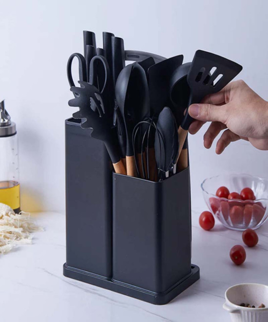 ENSEMBLE D'USTENSILES DE CUISINE AVEC PORTE-LOUCHE EN SILICONE