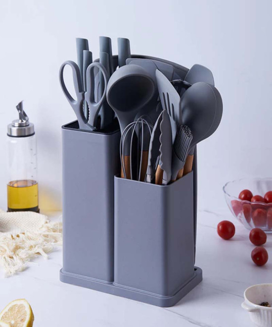 ENSEMBLE D'USTENSILES DE CUISINE AVEC PORTE-LOUCHE EN SILICONE